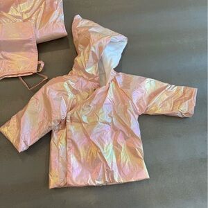 Cream BeBe Iridescent Pink Hooded Jacket, blanket. Size 9 months